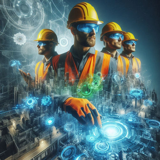 A team of construction workers in safety gear driven by emerging futuristic trends and technologies.