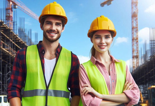 Two happy construction workers wearing safety vests and hard hats, standing on a construction site with cranes in the background.