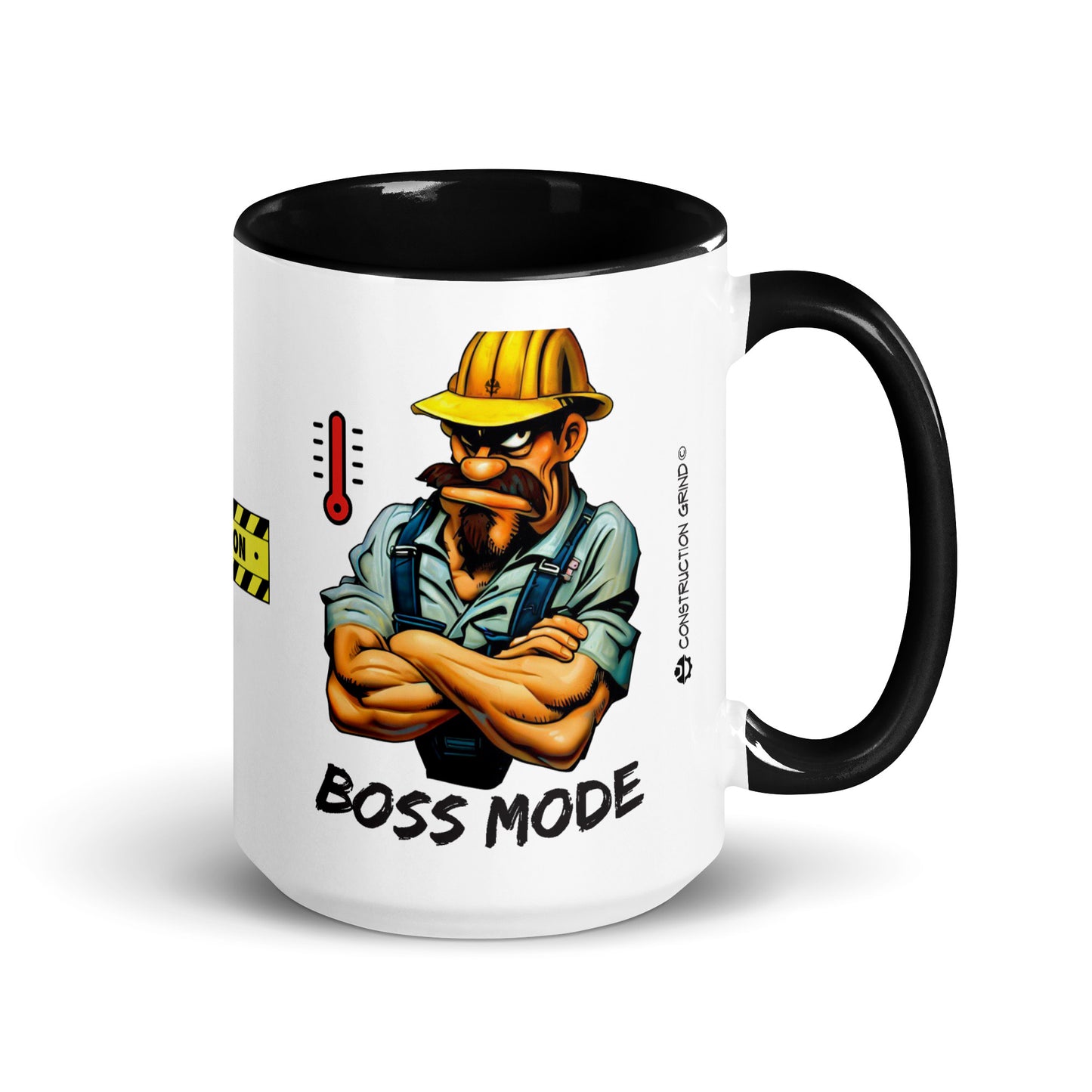 Right side of the Construction Grind "Boss Mode" 15 oz. white ceramic mug, with black accent interior and handle. The graphic features an angry looking Construction Foreman with his arms crossed and a red "pegged" thermometer.