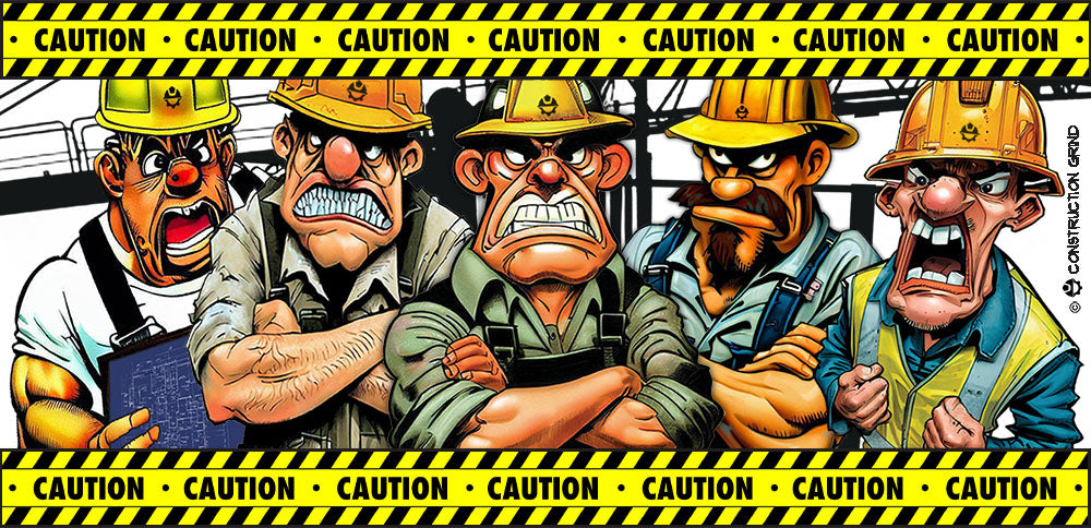 The Construction Grind work crew. Our General Superintendent is centered among his four crew members, two on each side. Yellow caution tape runs horizontally above and below the crew.