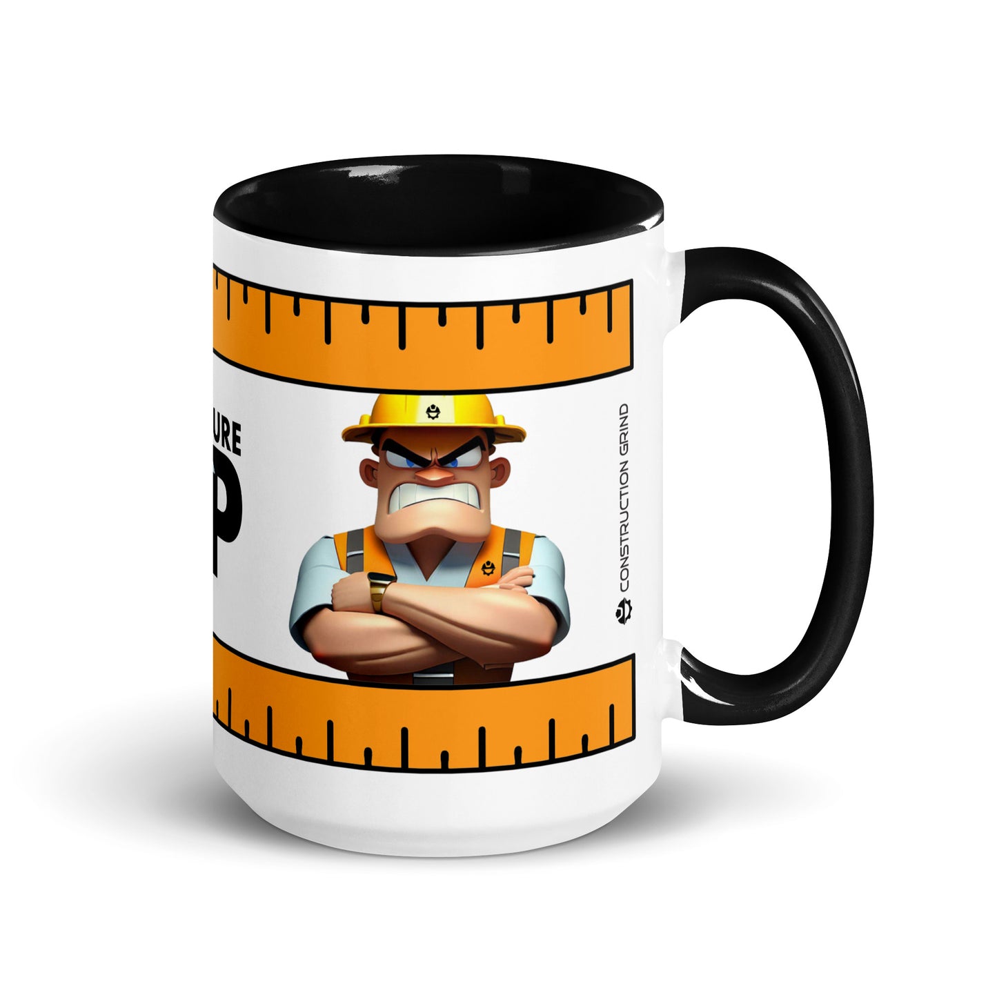Right side of the "Measure Up" 15 oz. white ceramic mug by Construction Grind, with black accent interior and handle, featuring a stern looking Construction Foreman with his arms crossed and a safety orange colored measuring tape graphic, winding around the top and bottom of the mug.