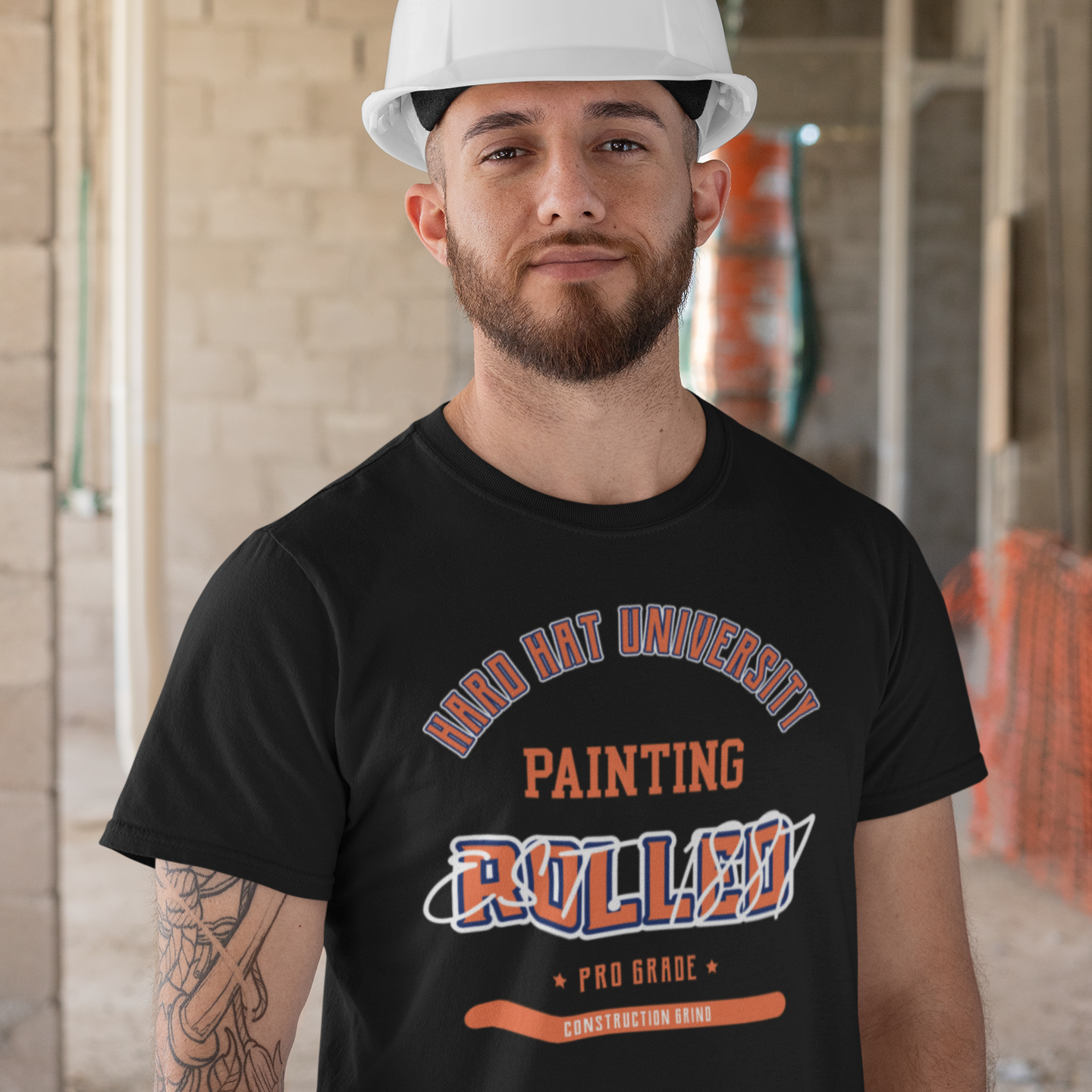 The Construction Grind “Hard Hat University” Painter's Trade T-Shirt features 'Painting – Rolled' in bold college sports style lettering, paying tribute to the skill & professionalism that builds our world. The “Established” date represents the year the trade was formally recognized in the U.S. The 'PRO-GRADE' stamp adds a touch of authenticity and pride. Design is featured on a black Gildan 5000 short-sleeved T-Shirt made with 100% U.S. cotton. Heavy Cotton 5.3 oz/y.