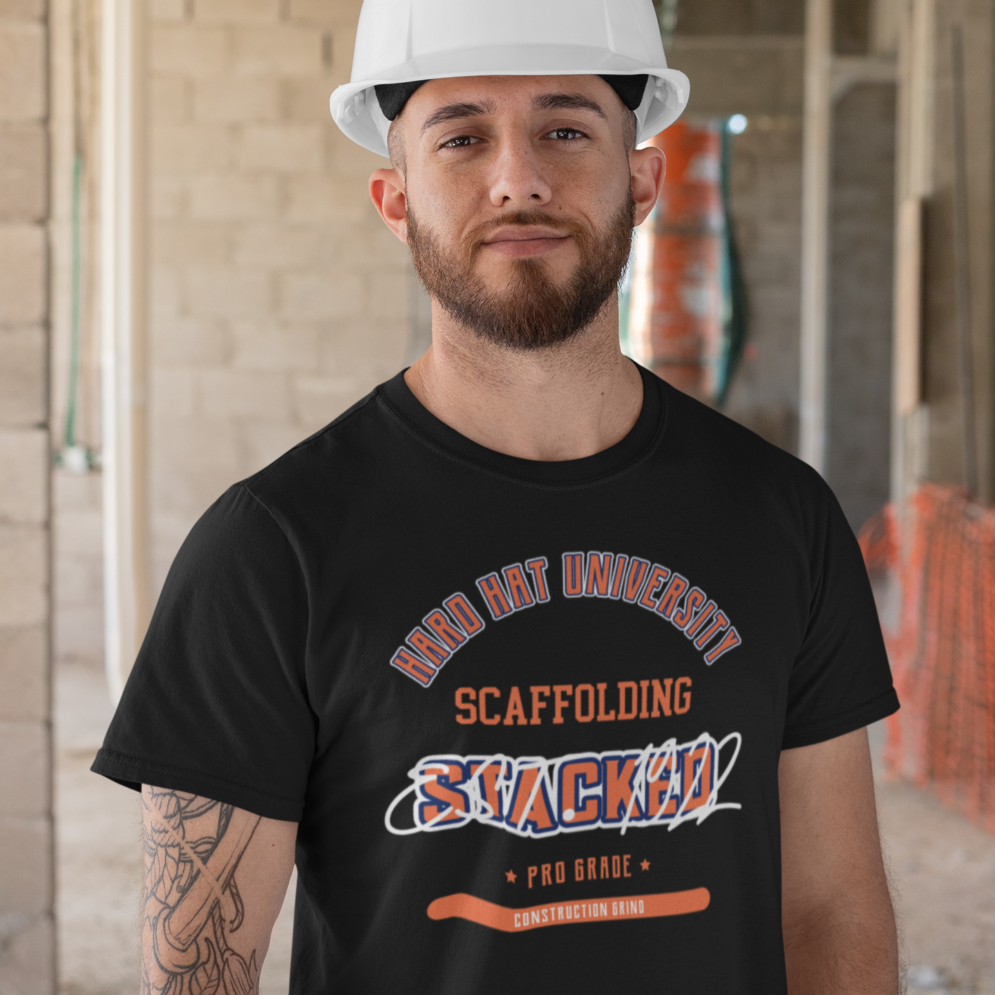 The Construction Grind “Hard Hat University” Scaffolder's Trade T-Shirt features 'Scaffolding – Stacked' in bold college sports style lettering, paying tribute to the skill & professionalism that builds our world. The “Established” date represents the year the trade was formally recognized in the U.S. The 'PRO-GRADE' stamp adds a touch of authenticity and pride. Design is featured on a black Gildan 5000 short-sleeved T-Shirt made with 100% U.S. cotton. Heavy Cotton 5.3 oz/y.