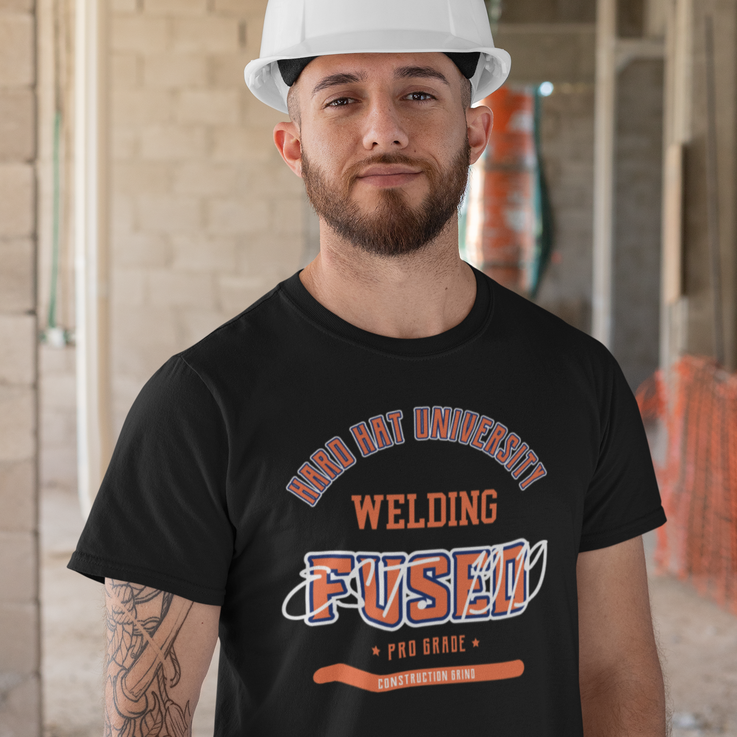The Construction Grind “Hard Hat University” Welder's Trade T-Shirt features 'Welding – Fused' in bold college sports style lettering, paying tribute to the skill & professionalism that builds our world. The “Established” date represents the year the trade was formally recognized in the U.S. The 'PRO-GRADE' stamp adds a touch of authenticity and pride. Design is featured on a black Gildan 5000 short-sleeved T-Shirt made with 100% U.S. cotton. Heavy Cotton 5.3 oz/y.