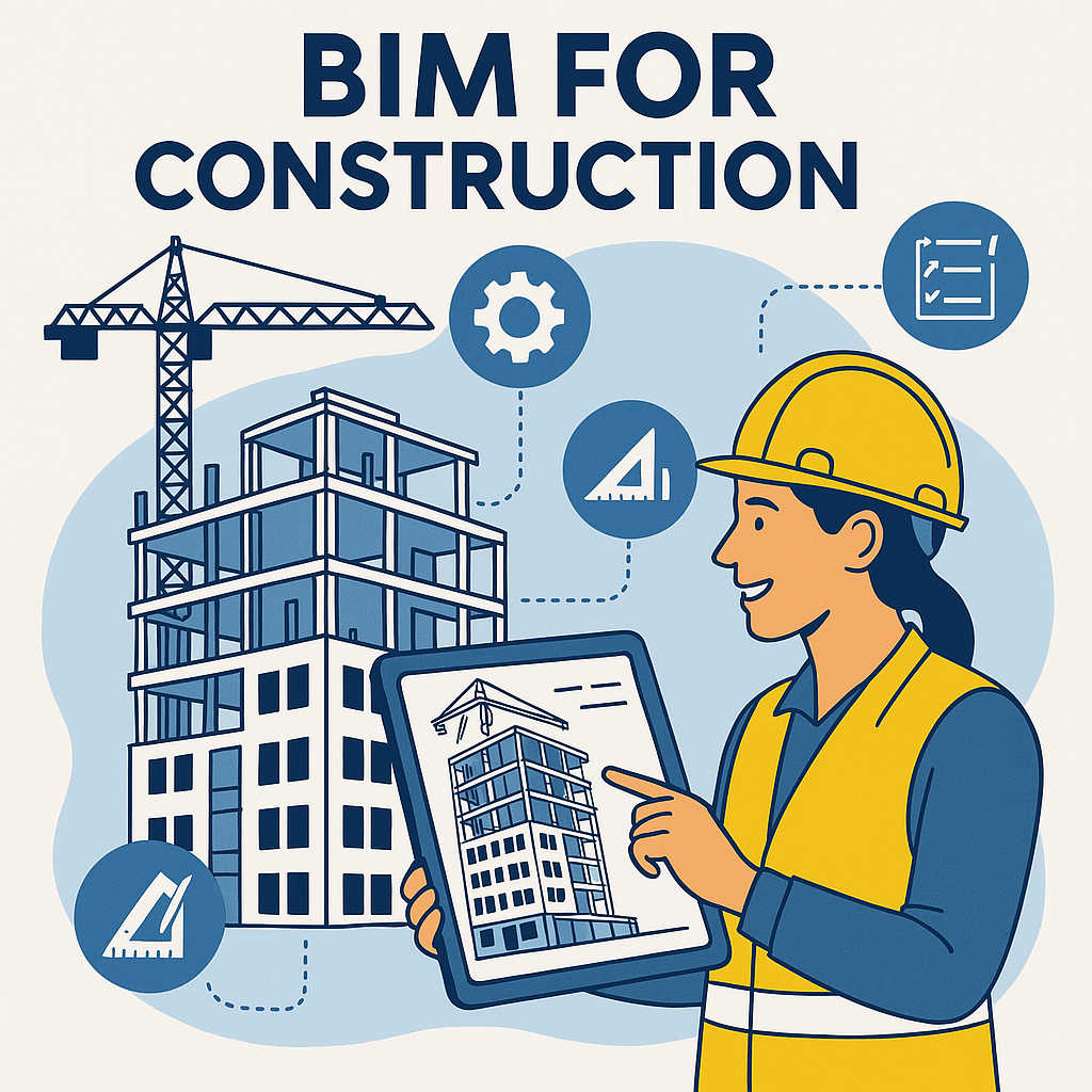 A construction worker holding a tablet showing the project she's working on, using BIM.