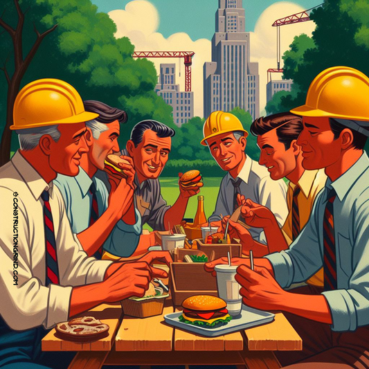 Construction professionals enjoying lunch, while having a meeting at a park, to boost morale.