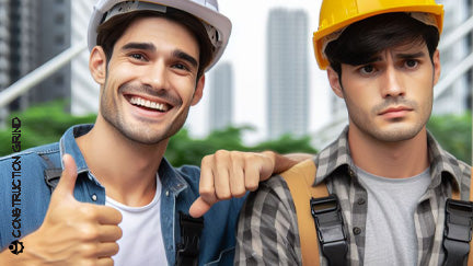 Two construction workers stand side by side. One crewman looks happy and confident and, the other crew member looks unhappy and anxious..
