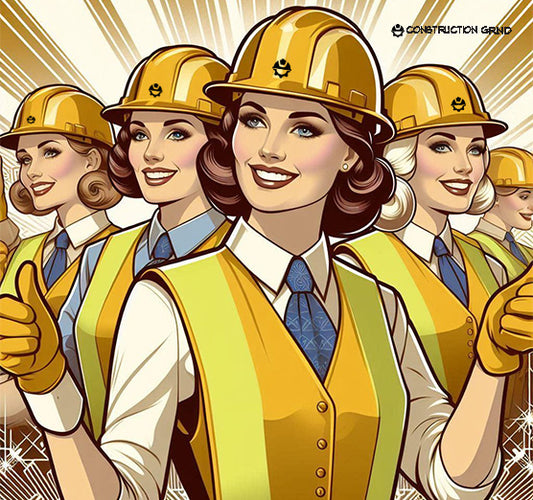 Five female construction professionals stand proudly in their yellow hard hats and orange safety vests, showing two thumbs-up.