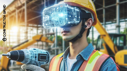A construction worker uses AI goggle technology to install his work.