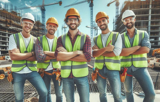 A happy construction crew on a bustling job site.