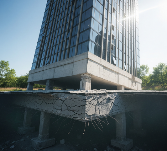 A skyscraper tilts and cracks due to being constructed on a faulty underground foundation.