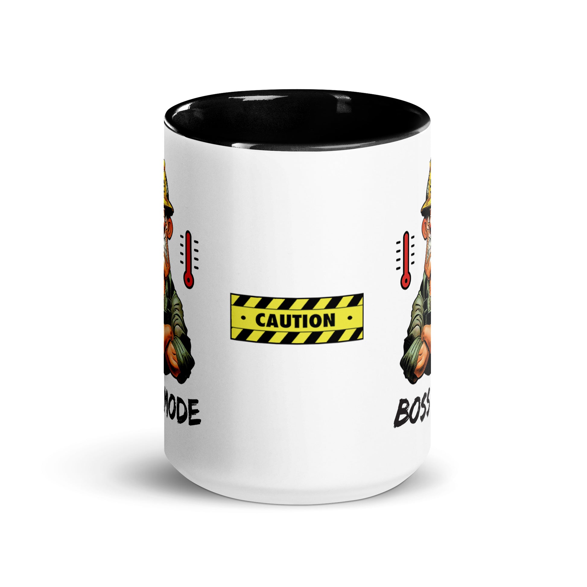 Front Center of the Construction Grind "Boss Mode" 15 oz. white ceramic mug, with black accent interior and handle. The center graphic features a piece of yellow and black caution tape with the word "Caution", clearly sending a message.