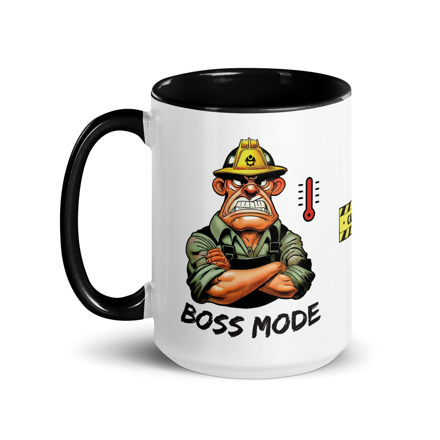 Left side of the Construction Grind "Boss Mode" 15 oz. white ceramic mug, with black accent interior and handle. The graphic features an angry looking Construction Foreman with his arms crossed and a red  "pegged" thermometer.