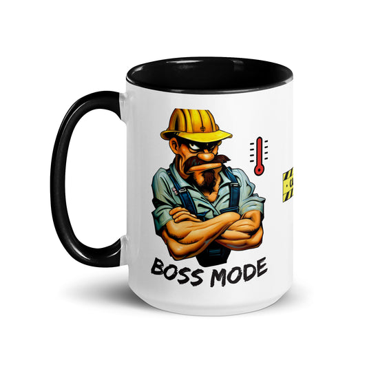 Left side of the Construction Grind "Boss Mode" 15 oz. white ceramic mug, with black accent interior and handle. The graphic features an angry looking Construction Foreman with his arms crossed and a red  "pegged" thermometer.