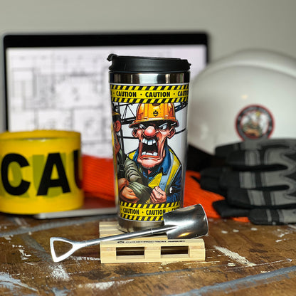 Construction Grind's "Meet the Crew" First Shift 12 oz. coffee tumbler sitting on a 4" wooden pallet coaster. Showing a close-up of our Safety Manager, "Danny", one of three crew members shown on the tumbler.