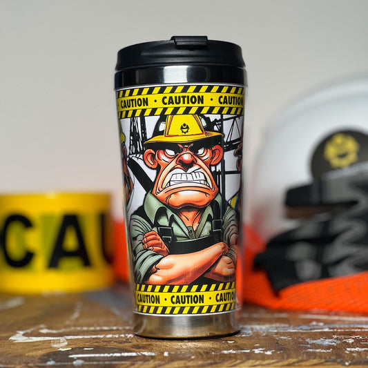 Construction Grind's "Meet the Crew" First Shift 12 oz. coffee tumbler. Showing our General Superintendent, "Ralph", one of three crew members shown on the tumbler.
