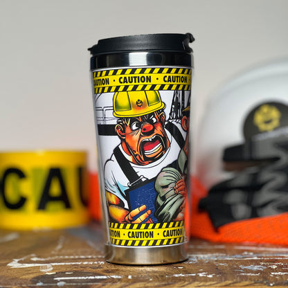 Construction Grind's "Meet the Crew" First Shift 12 oz. coffee tumbler. Showing our Site Superintendent, "Bobby", one of three crew members shown on the tumbler.