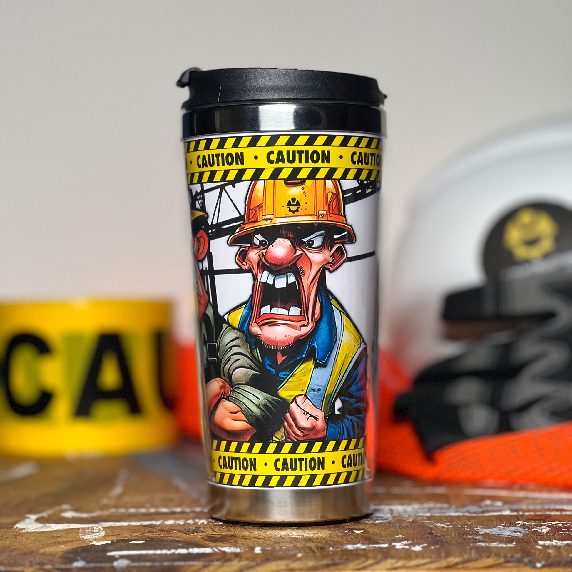 Construction Grind's "Meet the Crew" First Shift 12 oz. coffee tumbler. Showing our Safety Manager, "Danny", one of three crew members shown on the tumbler.