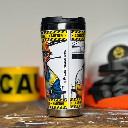 Construction Grind's "Meet the Crew" First Shift 12 oz. coffee tumbler. Showing the rear image seam and our logo.