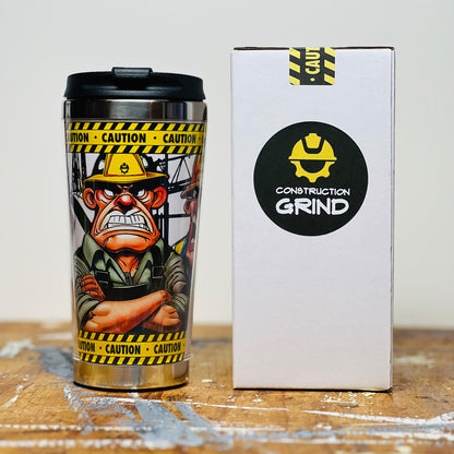 The "Meet the Crew" First Shift 12 oz. coffee tumbler comes in a white gift box with the Construction Grind logo and a caution tape sticker box seal.