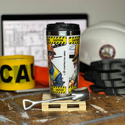 Construction Grind's "Meet the Crew" Second Shift 12 oz. coffee tumbler sitting on a 4" wooden pallet coaster. Showing the rear image seam and our logo.