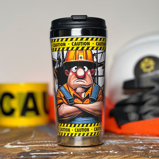 Construction Grind's "Meet the Crew" Second Shift 12 oz. coffee tumbler. Showing a close-up of our Utilities Specialist, "Waylon", one of three crew members shown on the tumbler.
