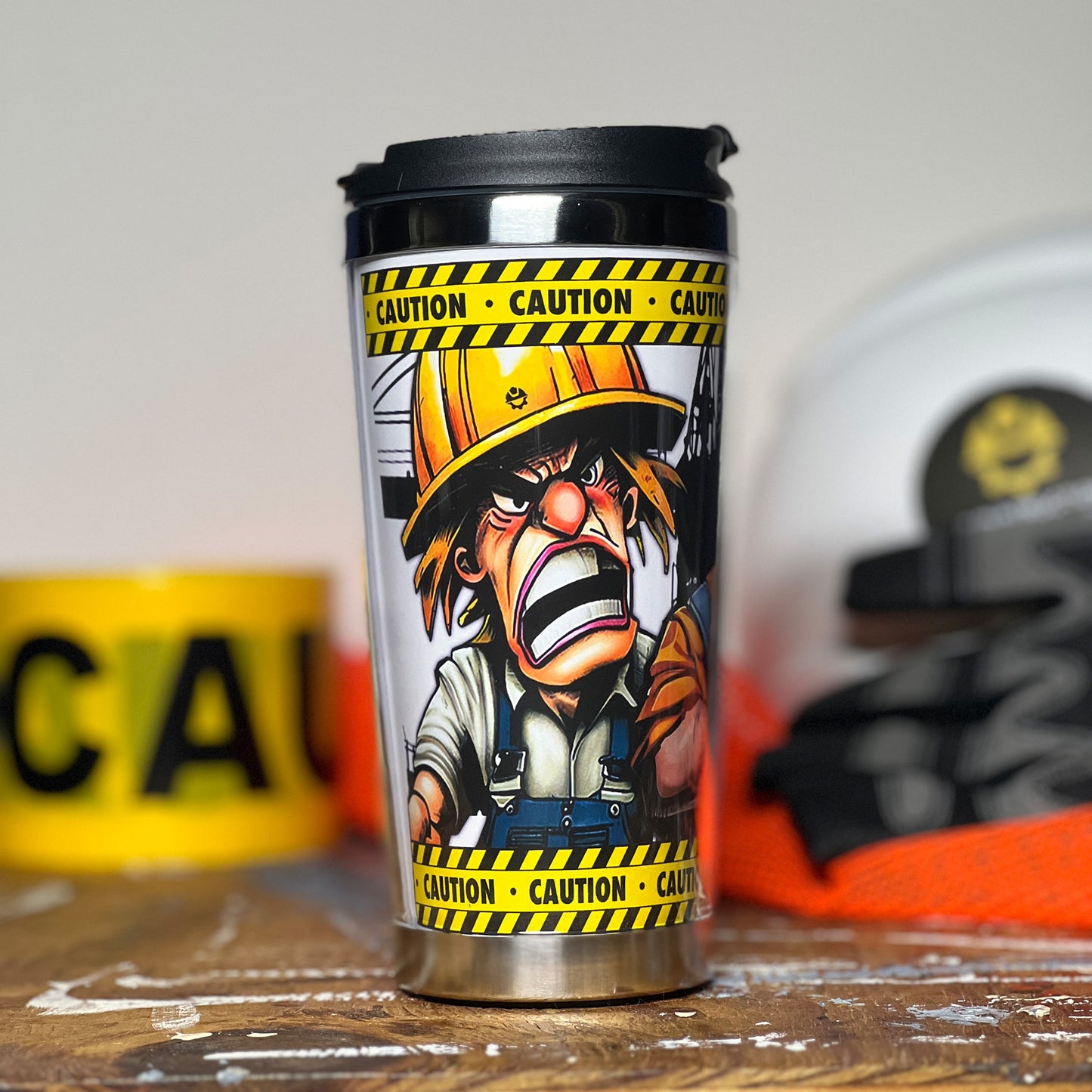Construction Grind's "Meet the Crew" Second Shift 12 oz. coffee tumbler. Showing a close-up of our Site Superintendent, "Jack", one of three crew members shown on the tumbler.