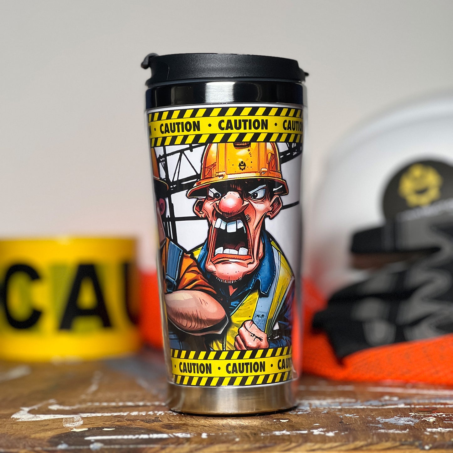Construction Grind's "Meet the Crew" Second Shift 12 oz. coffee tumbler. Showing a close-up of our Safety Manager, "Danny", one of three crew members shown on the tumbler.