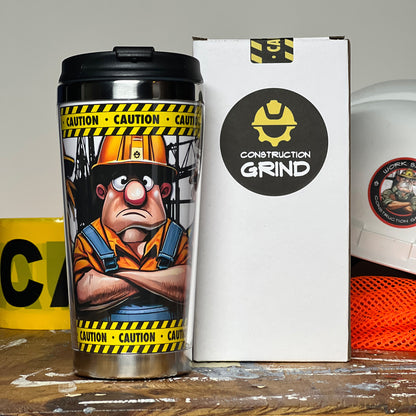 The "Meet the Crew" Second Shift 12 oz. coffee tumbler comes in a white gift box with the Construction Grind logo and a caution tape sticker box seal.