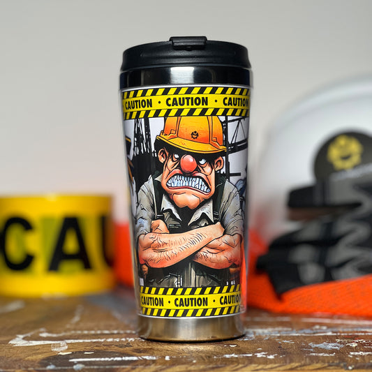 Construction Grind's "Meet the Crew" Third Shift 12 oz. coffee tumbler. Showing our Site Superintendent, "Charlie", one of three crew members shown on the tumbler.