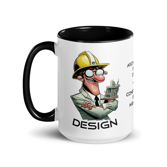 Left side of the "Architect & Engineer - Design and Build" 15 oz. white ceramic mug by Construction Grind, with black accent interior and handle. This side of the mug shows the graphic of the professional looking Architect with the word "Design".