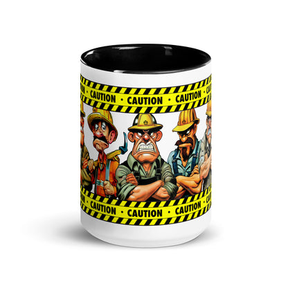 Front center of the "Meet the Crew" 15 oz. white ceramic mug by Construction Grind, with black accent interior and handle, featuring our intimidating six member construction crew with yellow and black caution tape graphic winding around the top and bottom of the mug.