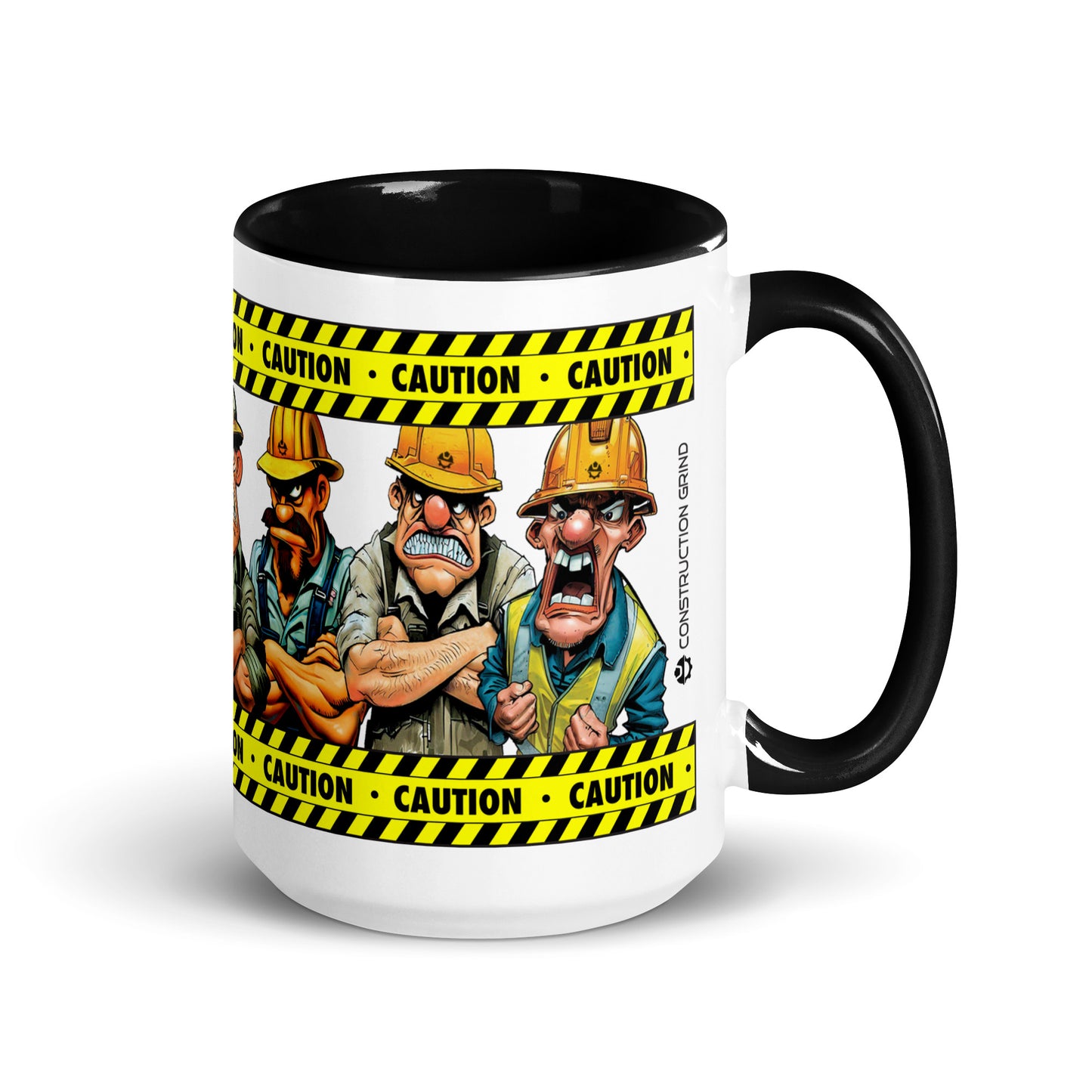 Right side of the "Meet the Crew" 15 oz. white ceramic mug by Construction Grind, with black accent interior and handle, featuring our intimidating six member construction crew with yellow and black caution tape graphic winding around the top and bottom of the mug.