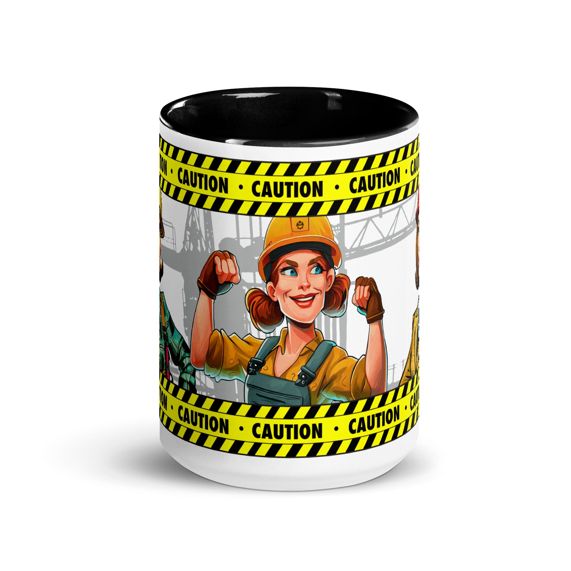 Center front view of the Construction Grind "Women in Construction" coffee mug showcasing a bold design with a confident woman Construction Worker at the center, flanked by a tower crane and yellow and black caution stripes.