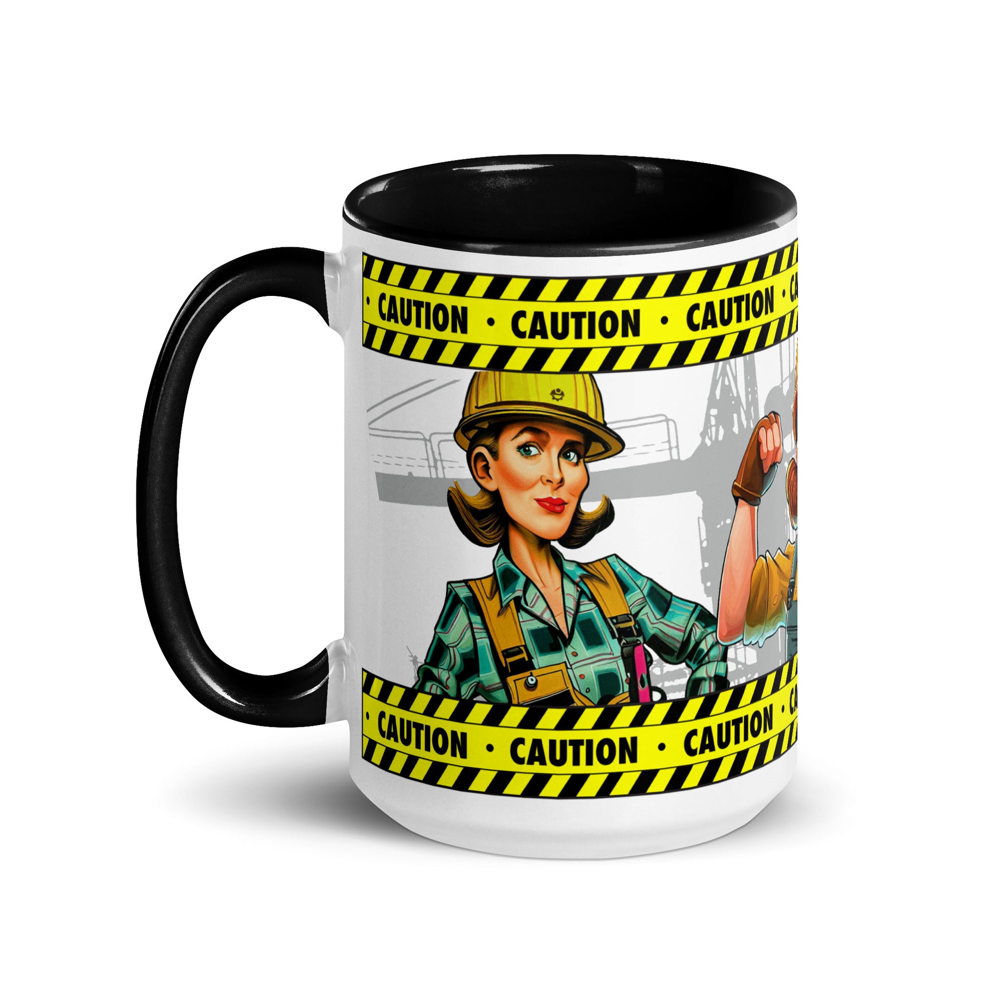 Left side of the Construction Grind "Women in Construction" coffee mug featuring a confident woman Construction Foreman in a striking pose, with a tower crane in the background and yellow and black caution stripes wrapping around the design.