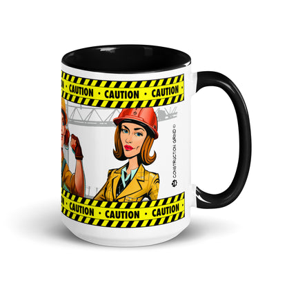 Right side of the Construction Grind "Women in Construction" coffee mug highlighting a poised woman Project Manager in a striking pose, with a tower crane and yellow and black caution stripes completing the empowering design.