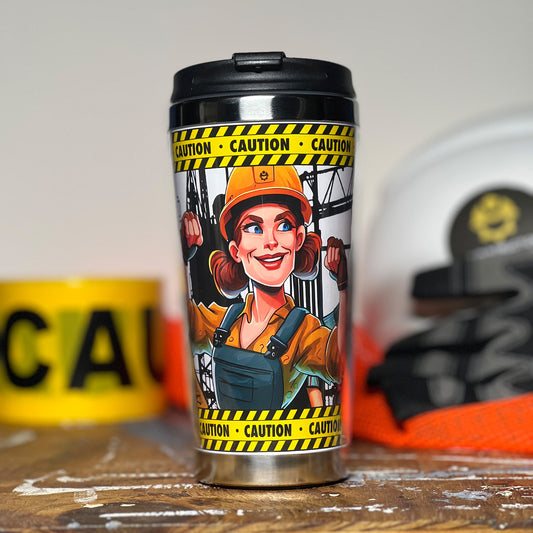 Construction Grind's "Women in Construction" 12 oz. coffee tumbler. Showing our Site Superintendent, "Harper", one of three team members shown on the tumbler.