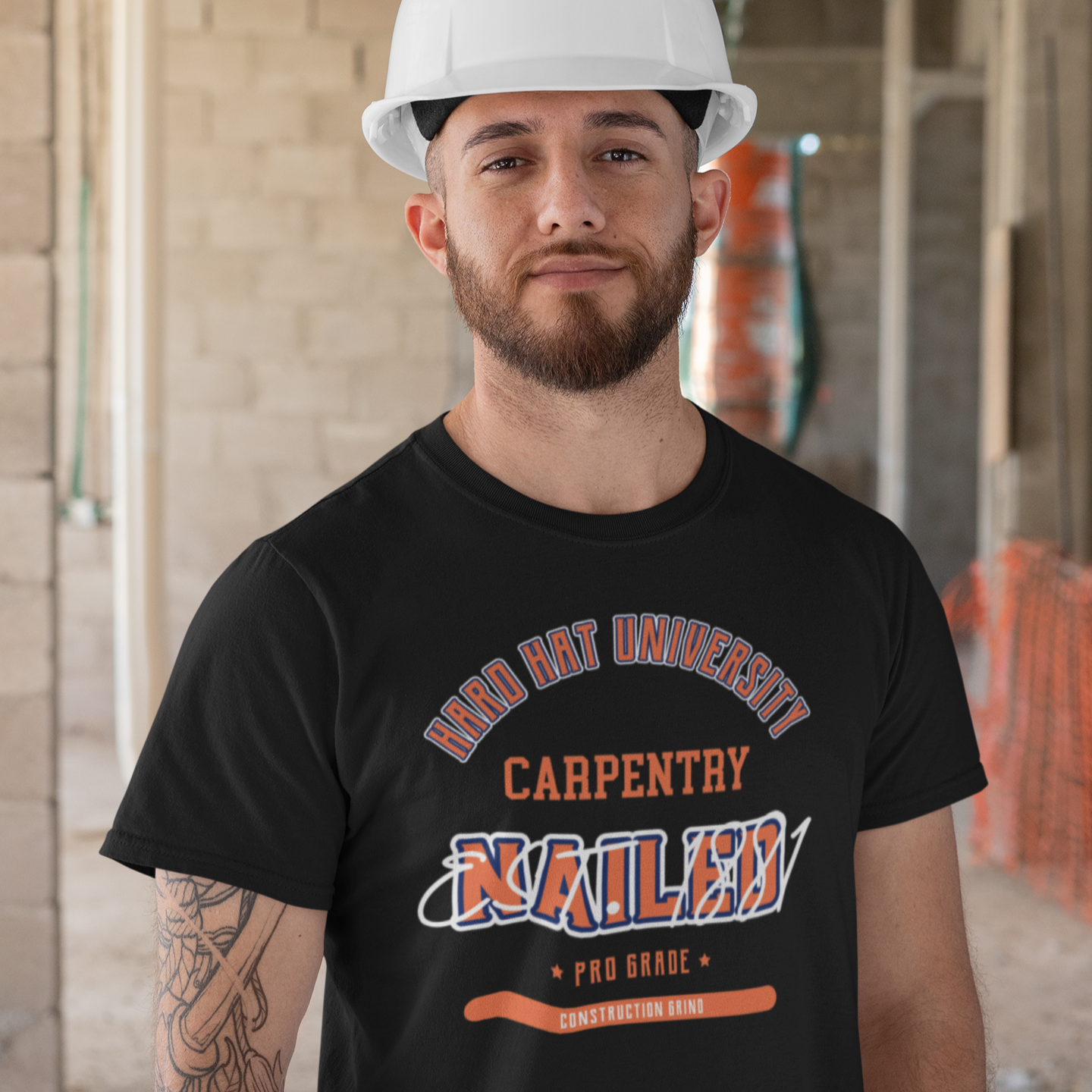 The Construction Grind “Hard Hat University” Carpenter's Trade T-Shirt features 'Carpentry – Nailed' in bold college sports style lettering, paying tribute to the skill & professionalism that builds our world. The “Established” date represents the year the trade was formally recognized in the U.S. The 'PRO-GRADE' stamp adds a touch of authenticity and pride. Design is featured on a black Gildan 5000 short-sleeved T-Shirt made with 100% U.S. cotton. Heavy Cotton 5.3 oz/y.