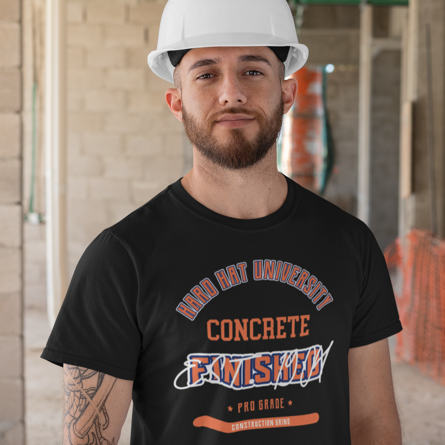 The Construction Grind “Hard Hat University” Concrete Trade T-Shirt features 'Concrete – Finished' in bold college sports style lettering, paying tribute to the skill & professionalism that builds our world. The “Established” date represents the year the trade was formally recognized in the U.S. The 'PRO-GRADE' stamp adds a touch of authenticity and pride. Design is featured on a black Gildan 5000 short-sleeved T-Shirt made with 100% U.S. cotton. Heavy Cotton 5.3 oz/y.