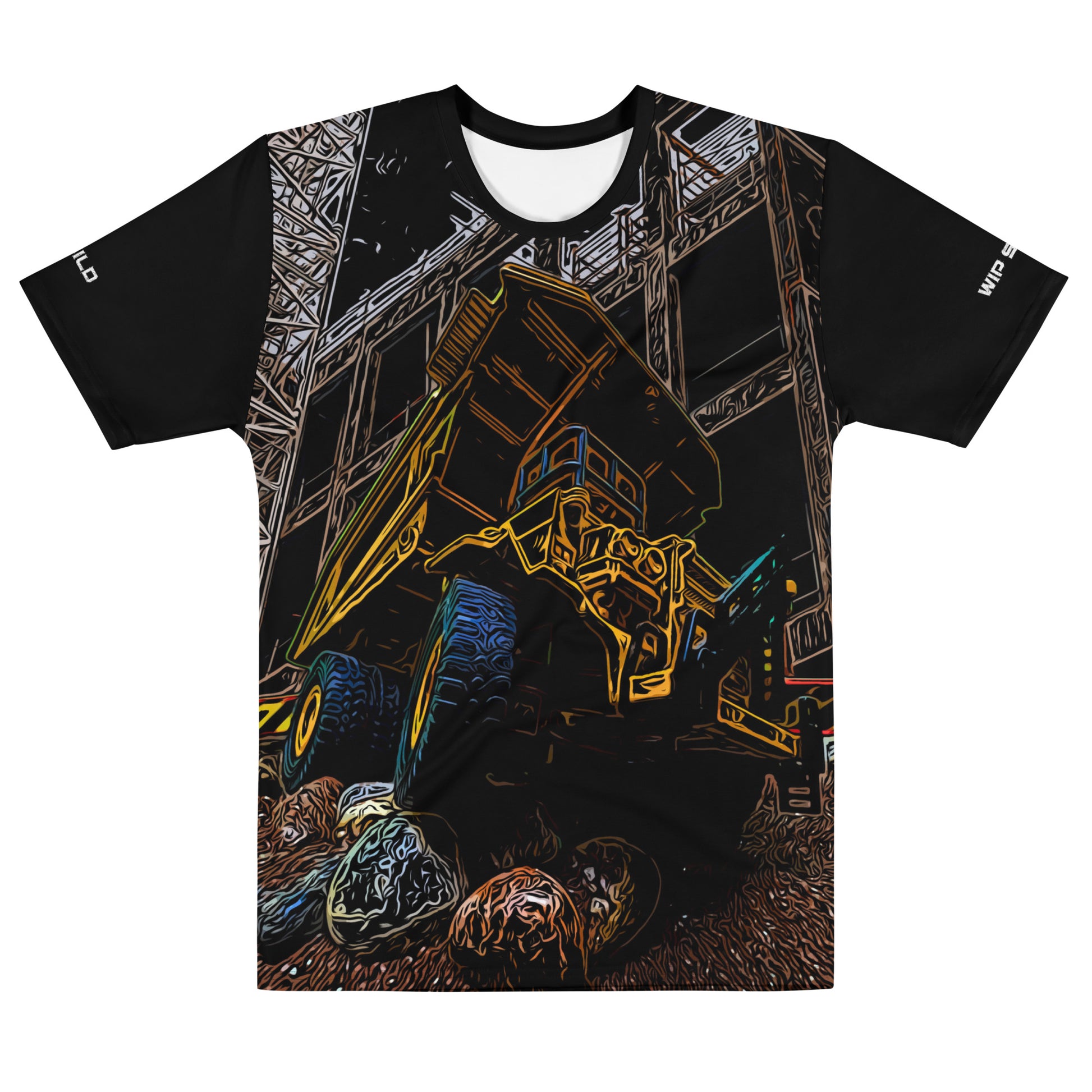 Our Construction Grind Big Dump all-over print short-sleeved t-shirt in our night shift style, shown from the front. The main graphic features a large dump truck actively crawling over rough terrain at a construction site in front of a building under construction, highlighting dynamic construction imagery. The design is printed in vibrant colors on a premium, all-over print tee.