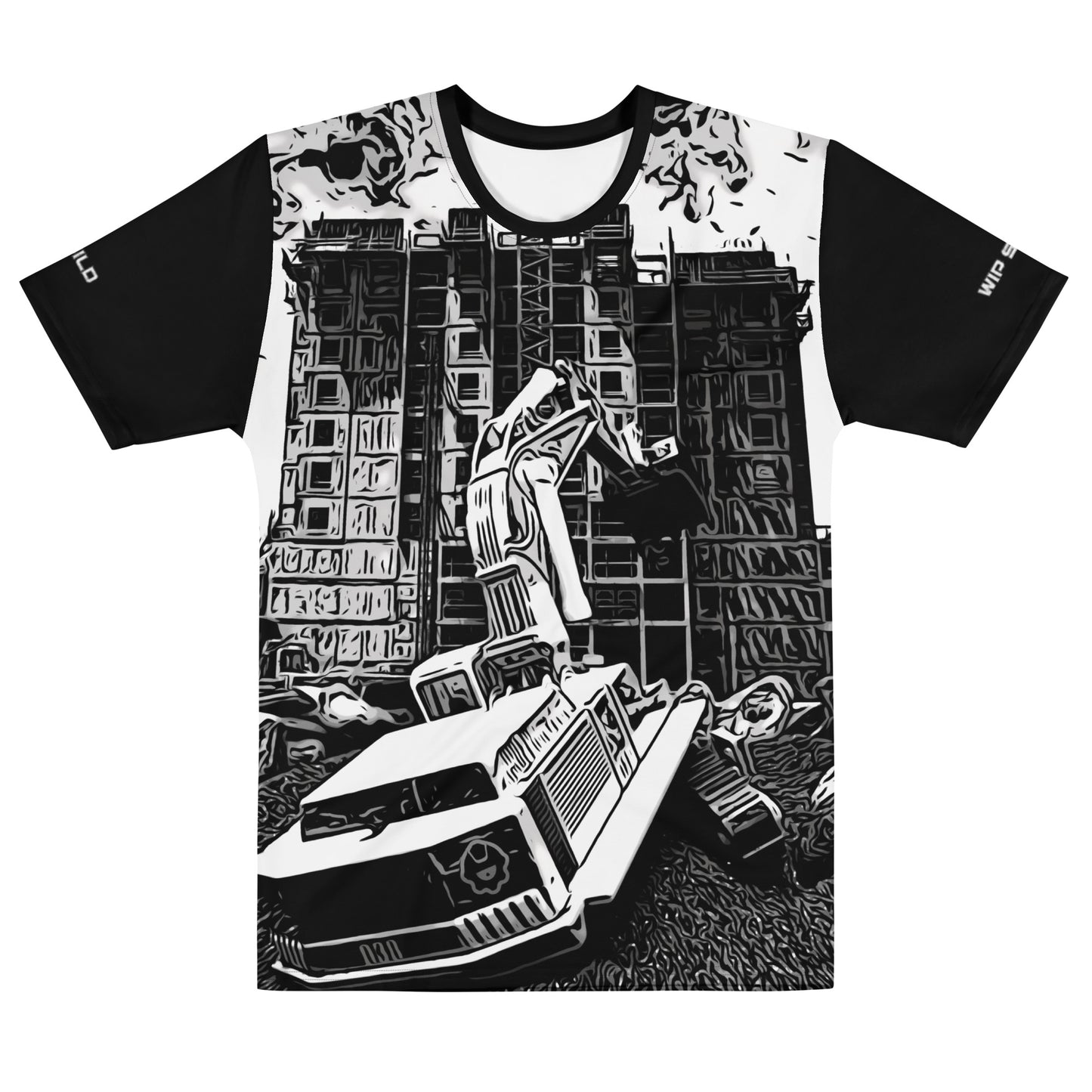 Our Construction Grind Dig Alert all-over print short-sleeved t-shirt in our black and white style, shown from the front. The main graphic features a large excavator actively digging rough terrain at a construction site in front of a building under construction, highlighting dynamic construction imagery. The design is printed in vibrant colors on a premium, all-over print tee.