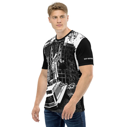 A man our wearing Construction Grind Dig Alert all-over print short-sleeved t-shirt in black and white style, shown from the left-hand view. The image reveals the detailed main graphic of an excavator in action on a construction site, and the left sleeve displays a white 'WIP SERIES' graphic. The design emphasizes bold construction imagery on a premium tee.