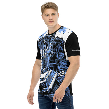 A man our wearing Construction Grind Dig Alert all-over print short-sleeved t-shirt in blue jeans style, shown from the left-hand view. The image reveals the detailed main graphic of an excavator in action on a construction site, and the left sleeve displays a white 'WIP SERIES' graphic. The design emphasizes bold construction imagery on a premium tee.