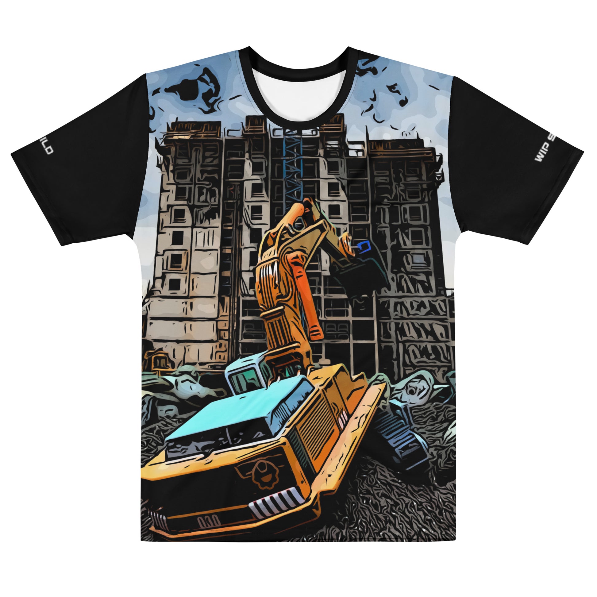 Our Construction Grind Dig Alert all-over print short-sleeved t-shirt in our cartooned style, shown from the front. The main graphic features a large excavator actively digging rough terrain at a construction site in front of a building under construction, highlighting dynamic construction imagery. The design is printed in vibrant colors on a premium, all-over print tee.