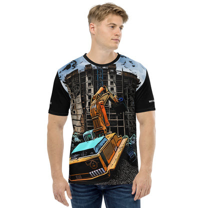 A man wearing our Construction Grind Dig Alert all-over print short-sleeved t-shirt in our cartooned style, shown from the front. The main graphic features a large excavator actively digging rough terrain at a construction site in front of a building under construction, highlighting dynamic construction imagery. The design is printed in vibrant colors on a premium, all-over print tee.