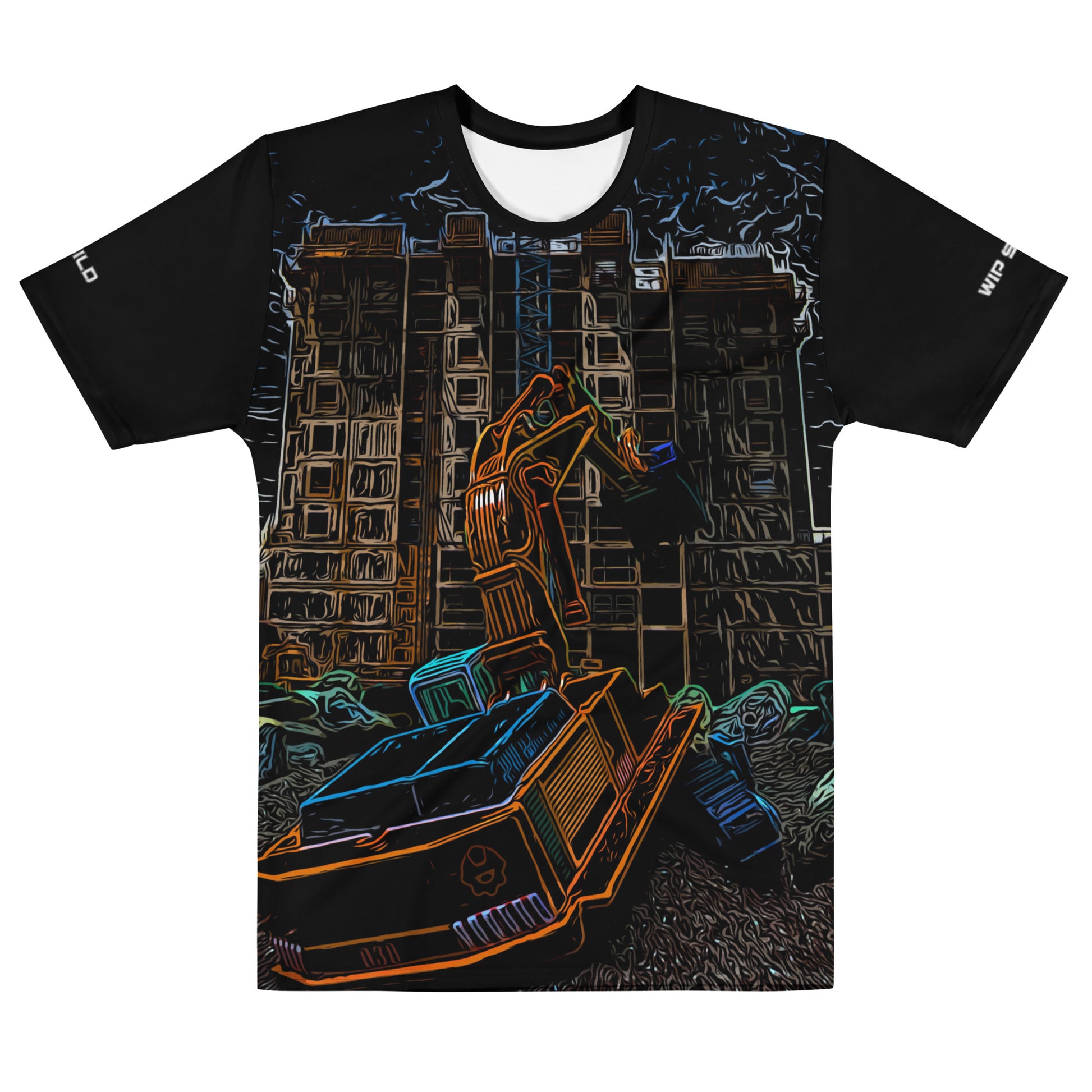 Our Construction Grind Dig Alert all-over print short-sleeved t-shirt in our night shift style, shown from the front. The main graphic features a large excavator actively digging rough terrain at a construction site in front of a building under construction, highlighting dynamic construction imagery. The design is printed in vibrant colors on a premium, all-over print tee.