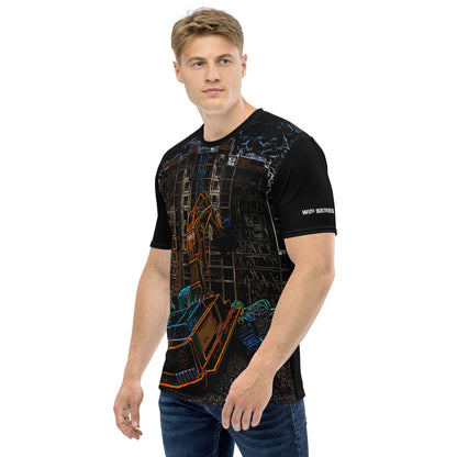 A man our wearing Construction Grind Dig Alert all-over print short-sleeved t-shirt in night shift style, shown from the left-hand view. The image reveals the detailed main graphic of an excavator in action on a construction site, and the left sleeve displays a white 'WIP SERIES' graphic. The design emphasizes bold construction imagery on a premium tee.