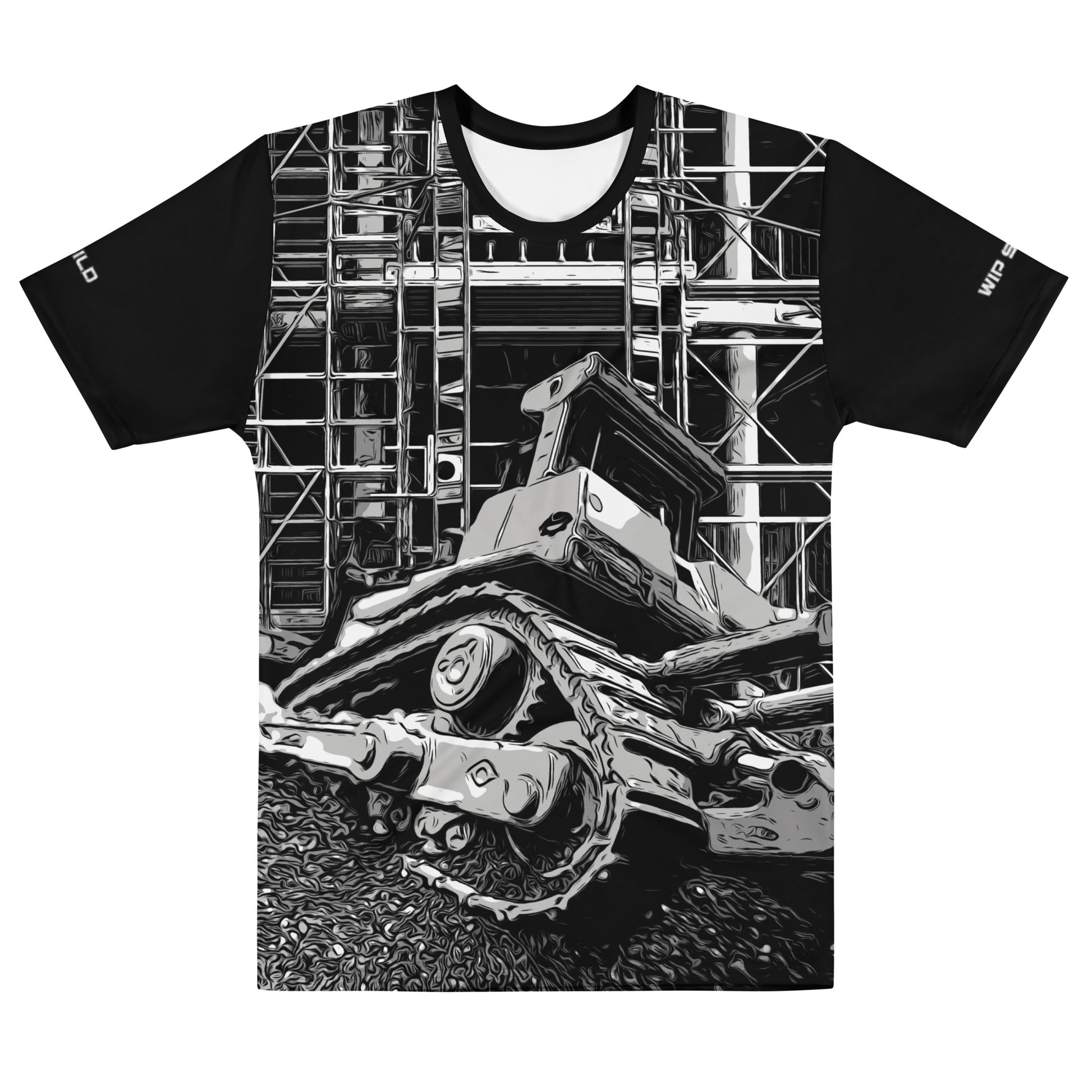 Our Construction Grind Dozer Duty all-over print short-sleeved t-shirt in our black and white style, shown from the front. The main graphic features a large bulldozer actively pushing dirt at a construction site in front of a building under construction, highlighting dynamic construction imagery. The design is printed in vibrant colors on a premium, all-over print tee.