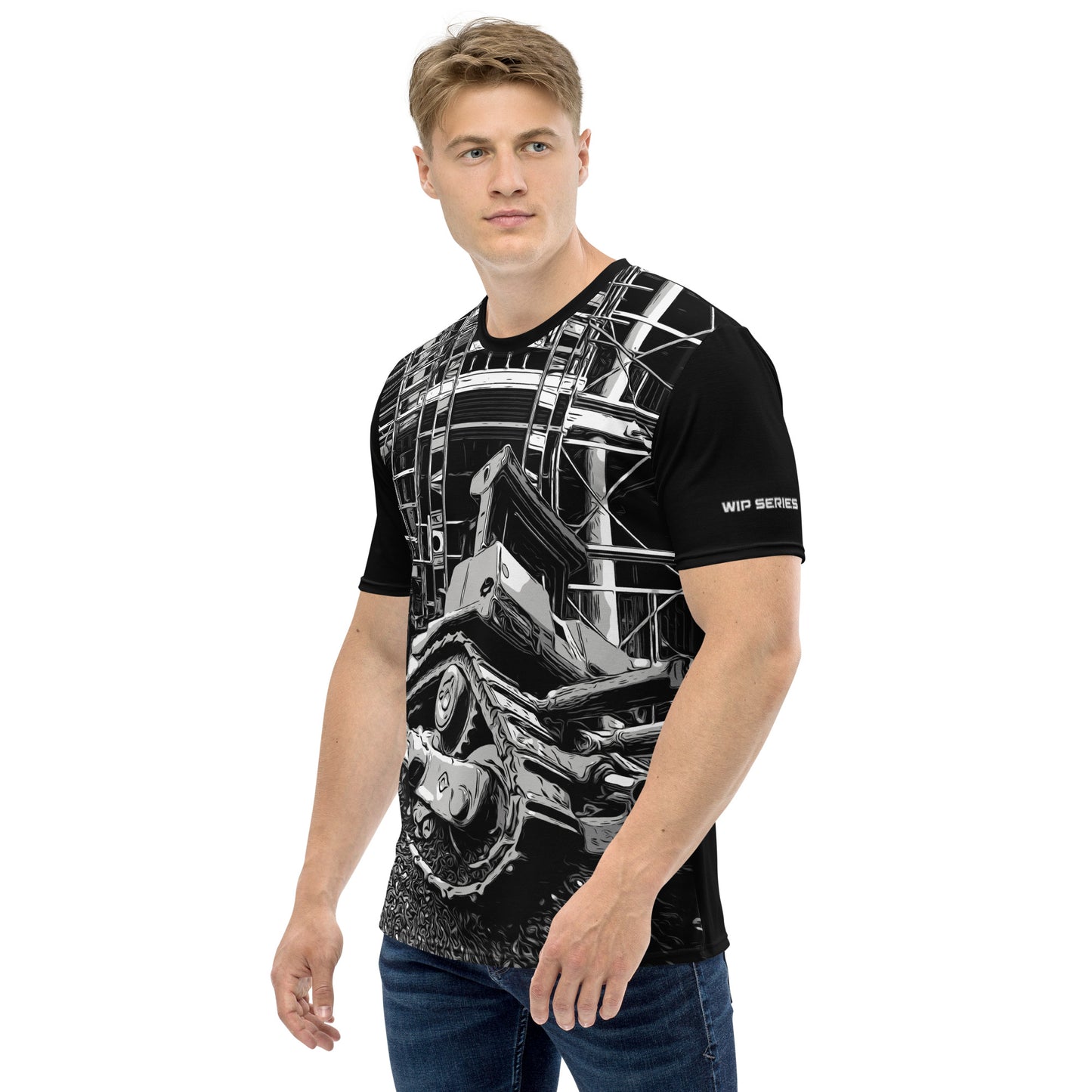 A man our wearing Construction Grind Dozer Duty all-over print short-sleeved t-shirt in black and white style, shown from the left-hand view. The image reveals the detailed main graphic of a bulldozer in action on a construction site, and the left sleeve displays a white 'WIP SERIES' graphic. The design emphasizes bold construction imagery on a premium tee.