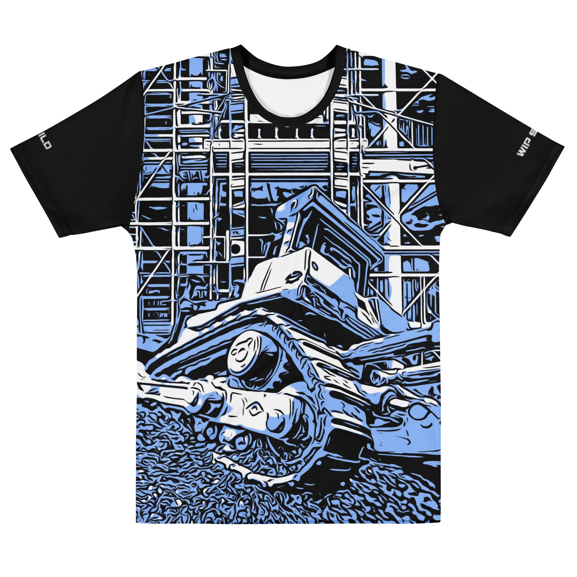 Our Construction Grind Dozer Duty all-over print short-sleeved t-shirt in our blue jeans style, shown from the front. The main graphic features a large bulldozer actively pushing dirt at a construction site in front of a building under construction, highlighting dynamic construction imagery. The design is printed in vibrant colors on a premium, all-over print tee.